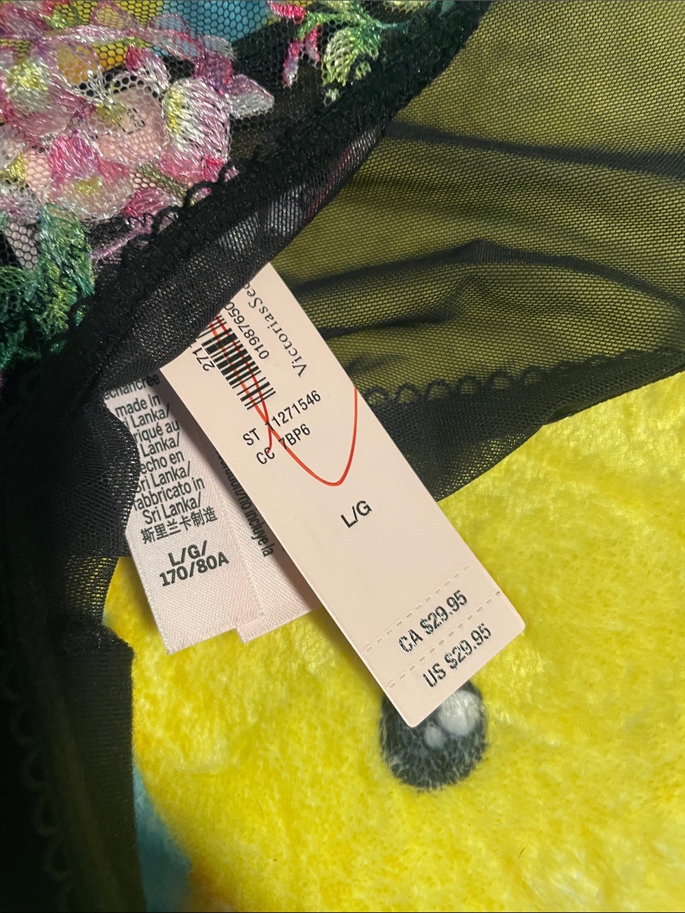 Victoria's Secret Black Sheer Thong with Pink & Green Floral Embroidery - Picture 2 of 5